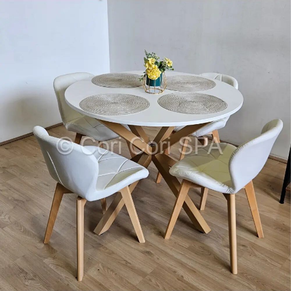 Juego De Comedor Warwick Melamina Blanca 120cm + 4 Sillas Mariposa Ecocuero Wood Blanco image number 0.0