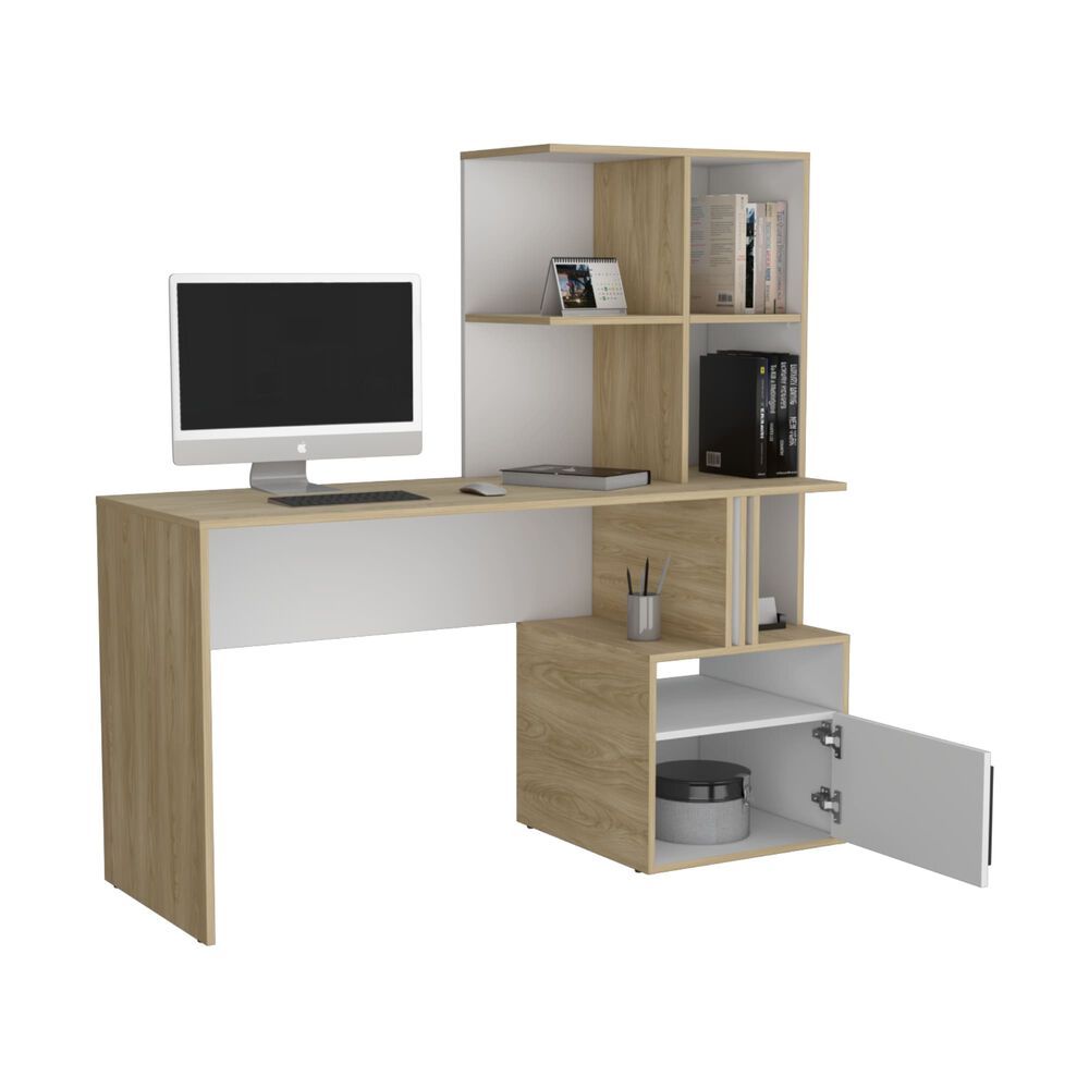 Escritorio Con Biblioteca Incorporada 1 Puerta 140 Cm Blanco Y Café Claro image number 2.0