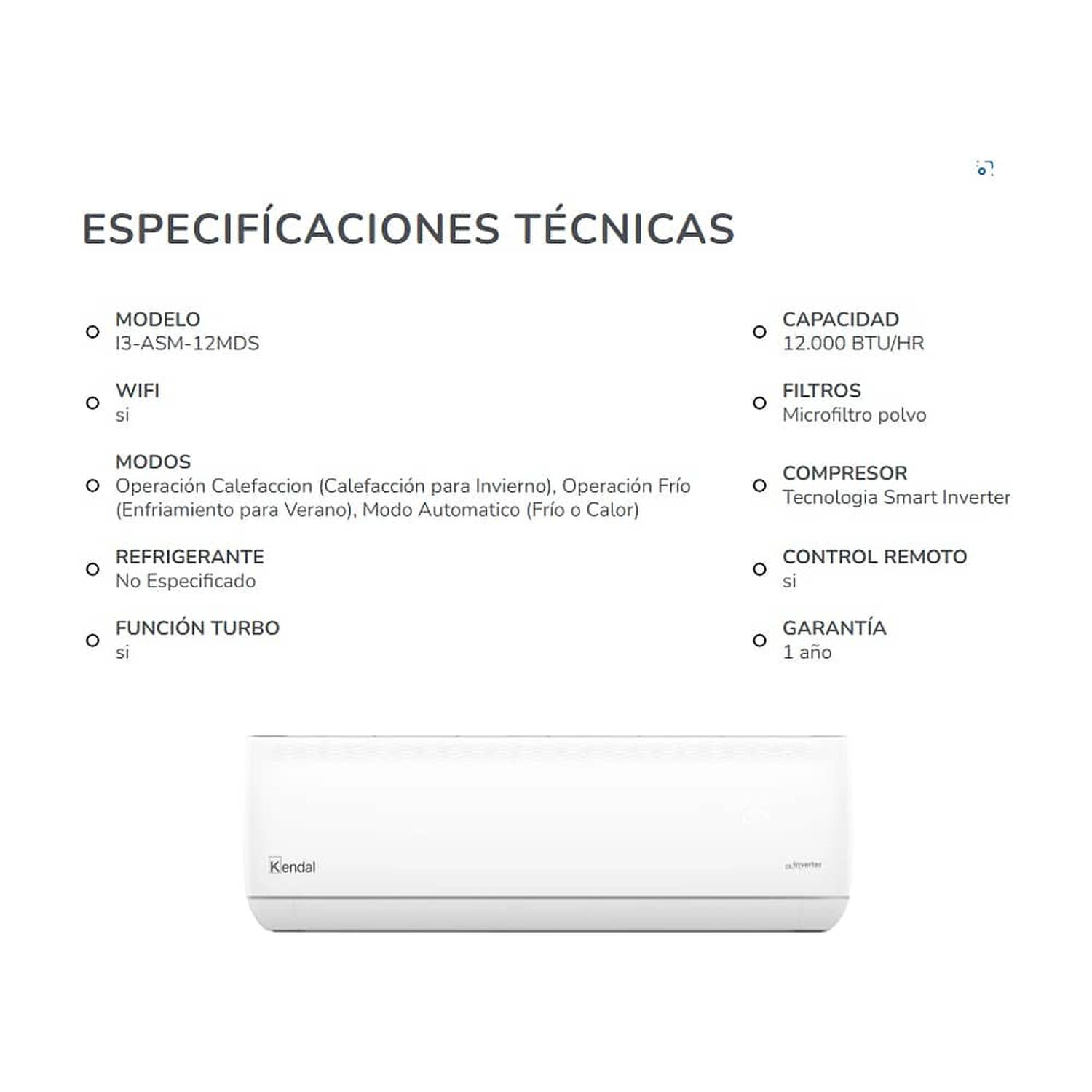 Aire Acondicionado Split Frio-calor Inverter 12.000 Btu Wifi Kendal image number 3.0