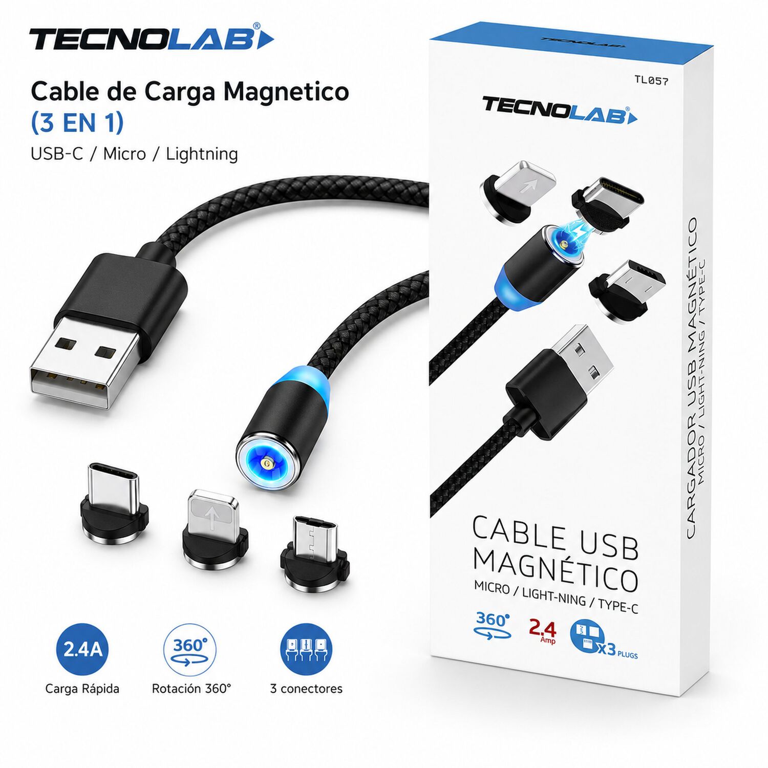 Cable De Carga Magnetico (3 En 1) Usb-c / Micro / Lightning image number 3.0