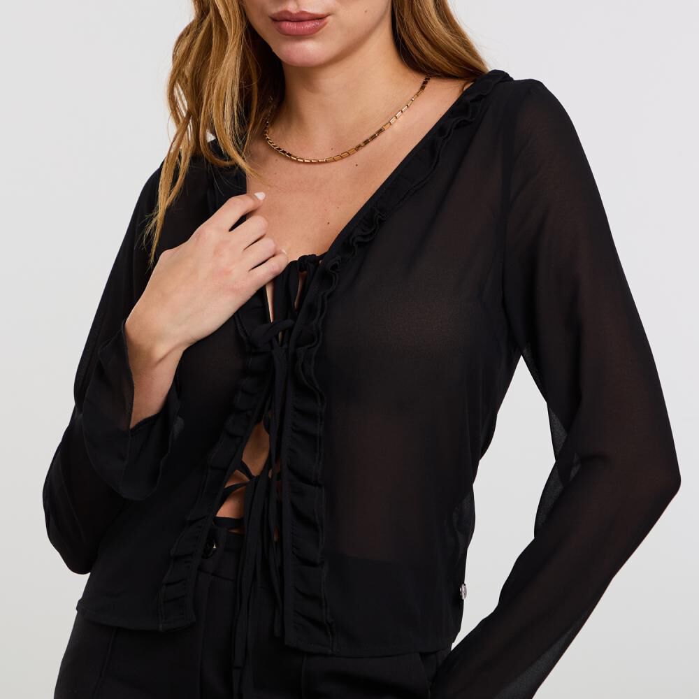 Blusa Lisa Con Aplicación Y Vuelo En Escote Y Mangas Mujer Kimera image number 4.0