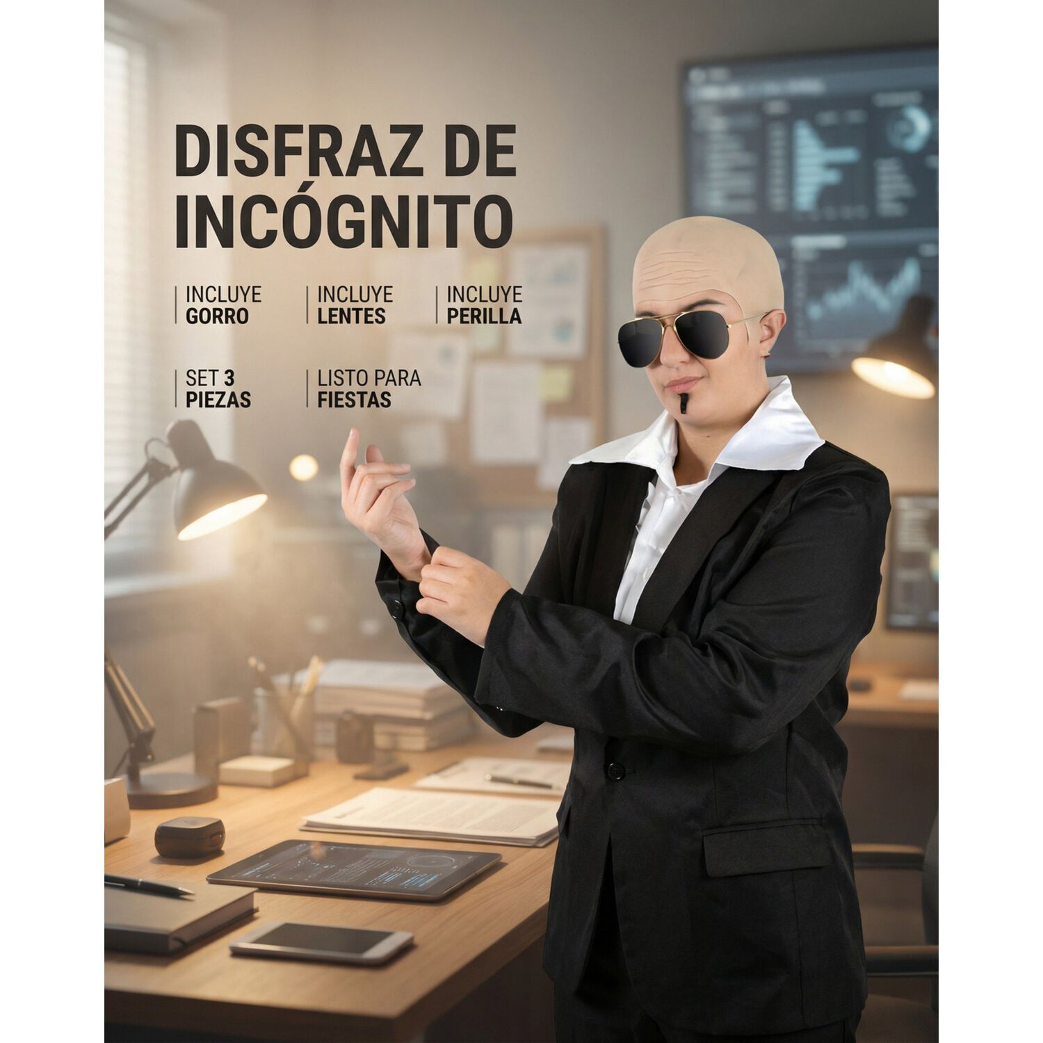 Kit Disfraz Calvo Con Lentes Aviador Y Barba Postiza Cosplay image number 6.0