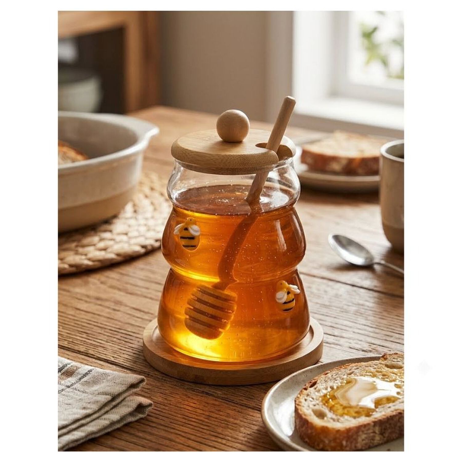 Frasco Miel Vidrio Forma Colmena Tapa Base Bamb&uacute; Dipper Abejas Decorativas image number 4.0