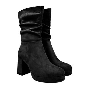 Bota De Mujer, Negra Con Plataforma Y Dise&ntilde;o Arrugado