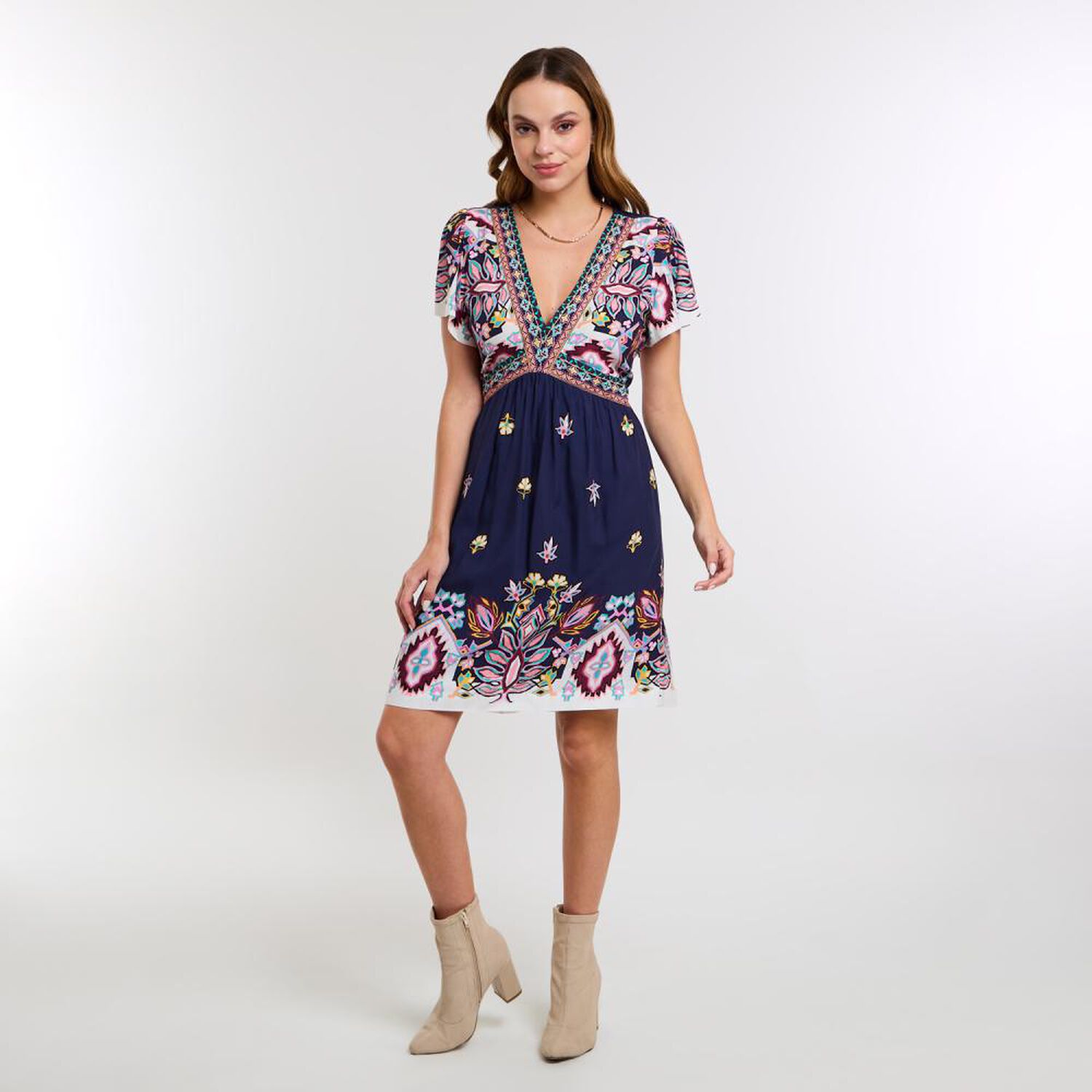 Vestido Print Manga Corta Cuello V Mujer Kimera image number 0.0