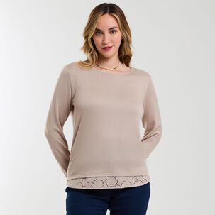 Sweater Liso Aplicación Broderie En Cintura Cuello Redondo Mujer Geeps
