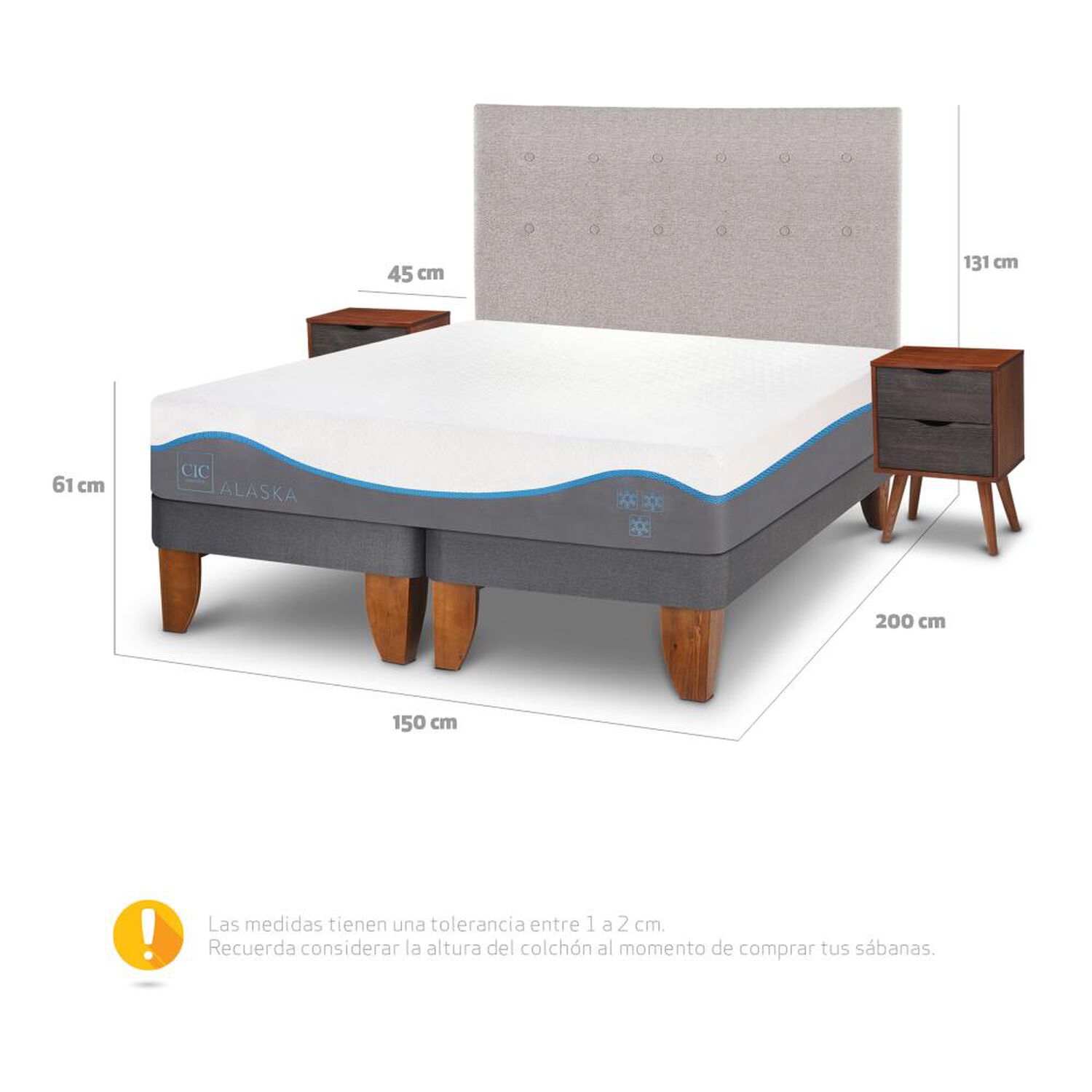 Cama Europea Cic Alaska / 2 Plazas / Base Dividida + Set De Maderas image number 2.0