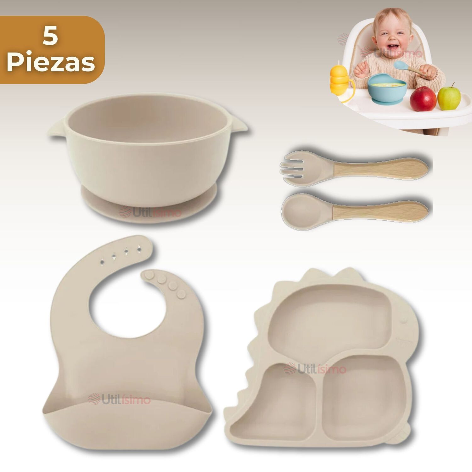Set De Alimentaci&oacute;n Beb&eacute; Silicona 5 Piezas Dinosaurio Libre Bpa Color Beige image number 0.0