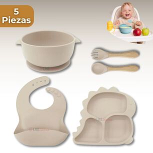 Set De Alimentaci&oacute;n Beb&eacute; Silicona 5 Piezas Dinosaurio Libre Bpa Color Beige