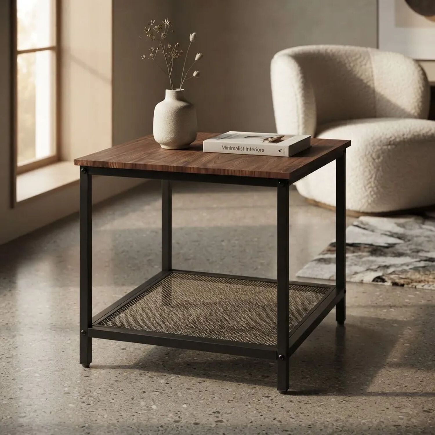 Mesa Auxiliar Lateral Con Repisa Madera Metal Caf&eacute; Oscuro image number 3.0