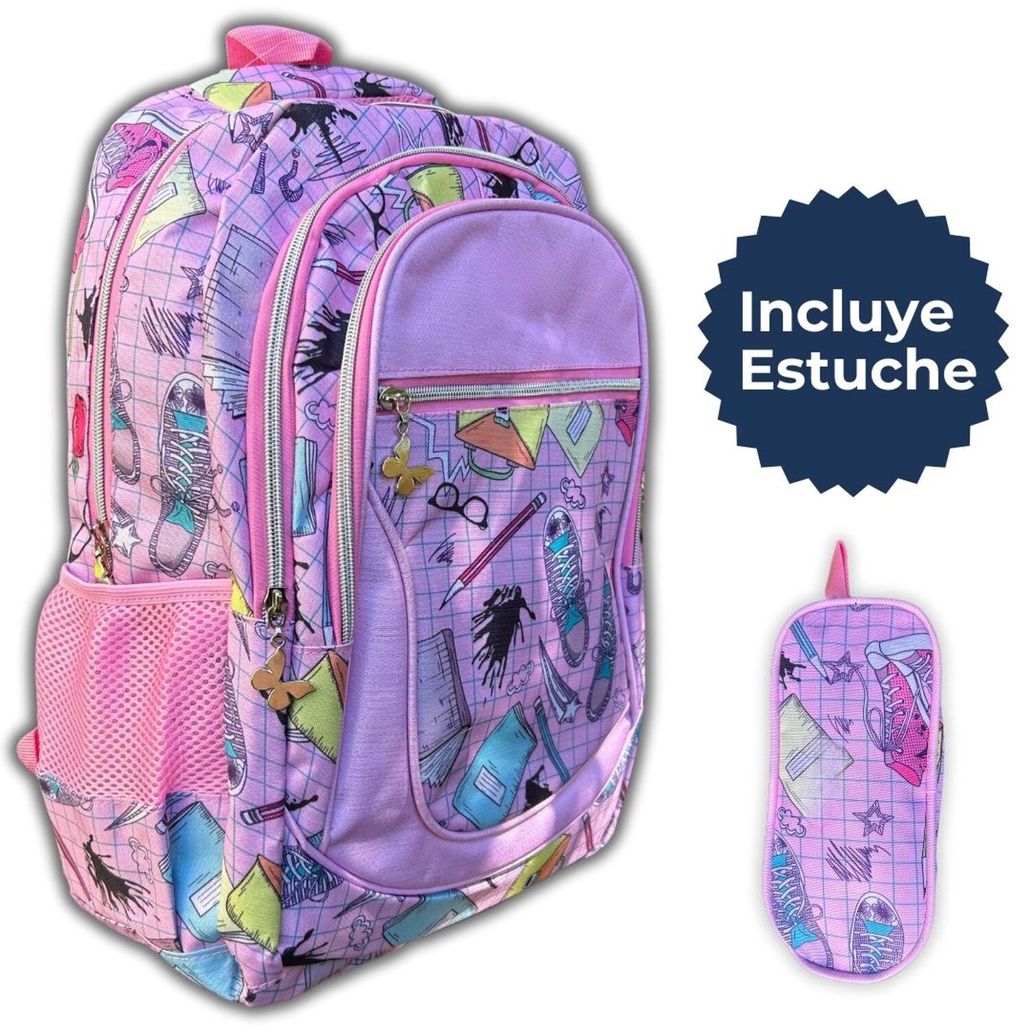 Mochila Escolar Con Estuche 43cm Dise&ntilde;o Estampado Surtido Lila image number 1.0