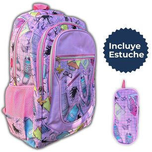 Mochila Escolar Con Estuche 43cm Dise&ntilde;o Estampado Surtido Lila