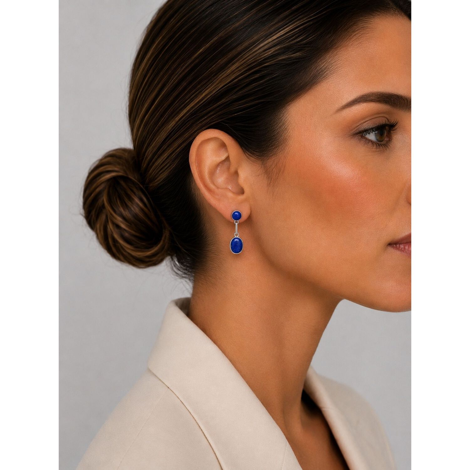 Aros Lapisl&aacute;zuli Ovalado Plata 950 Tornillo Mariposa Colgantes Mujer Elegantes Piedra Azul. image number 3.0
