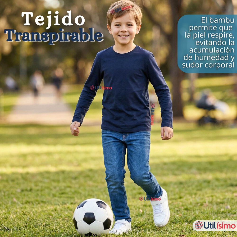 Pack 3 Poleras Camisetas Bamb&uacute; Azul Oscuro Cuello Redondo Primera Capa Manga Larga Ni&ntilde;o image number 7.0