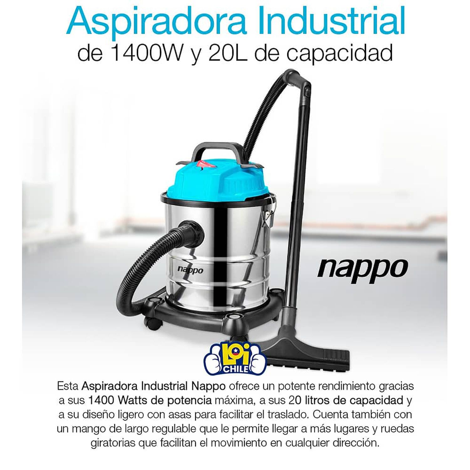 Aspiradora Industrial Nappo 1400w 20l Polvo Y Agua image number 3.0