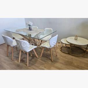 Juego De Comedor Madrid 140x80cms + 6 Sillas Mariposa Ecocuero Wood Blanca