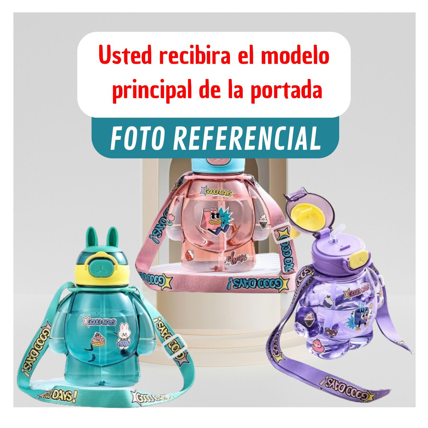 Botella Pl&aacute;stica 650ml Con Correa Y Orejitas Estilo Kawai Sin Bpa Ni&ntilde;os Purple image number 3.0