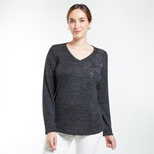 Sweater Liso Con Diseño Bordado Cuello V Mujer Lesage