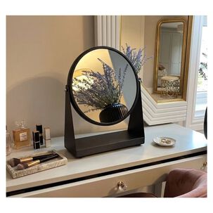Espejo Maquillaje Mesa Redondo Negro Met&aacute;lico Minimalista Con Base