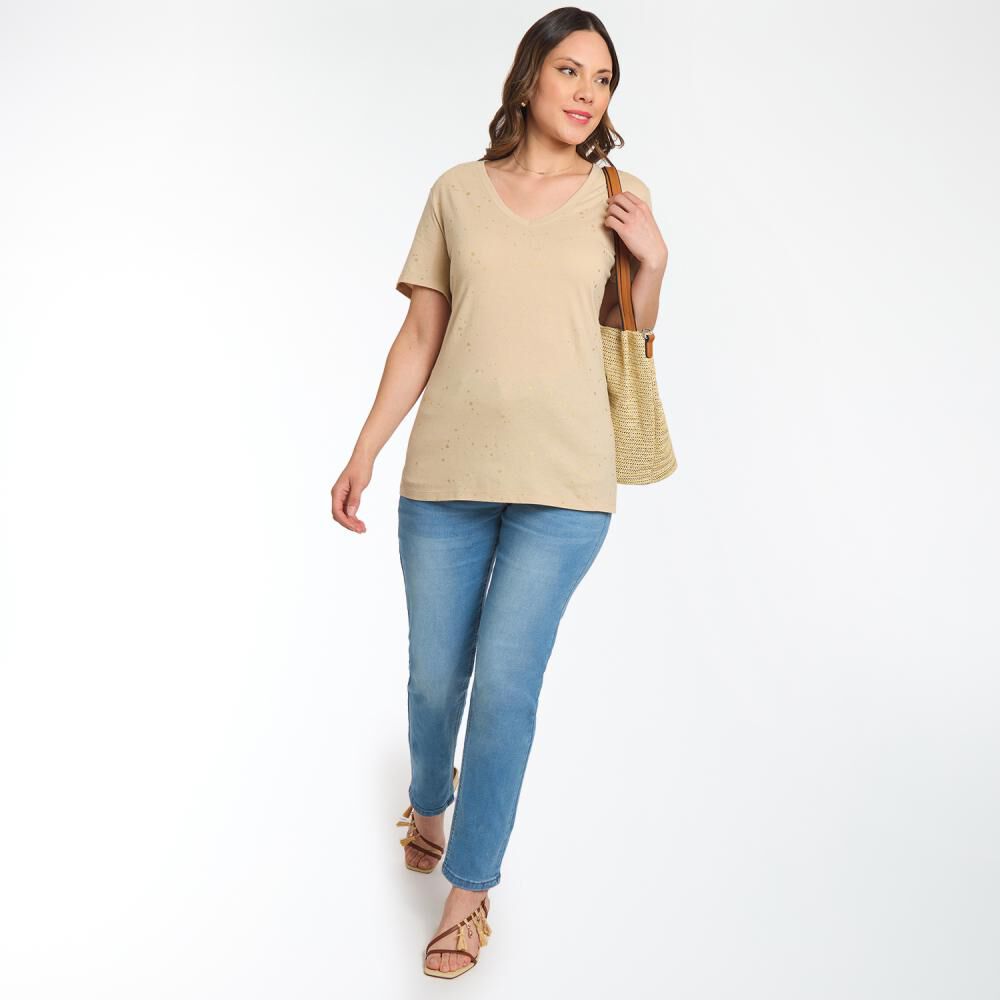 Polera Regular Aplicaci&oacute;n Folia Manga Corta Cuello V Mujer Sexy Large image number 1.0