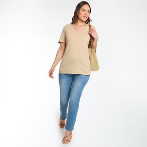 Polera Regular Aplicaci&oacute;n Folia Manga Corta Cuello V Mujer Sexy Large