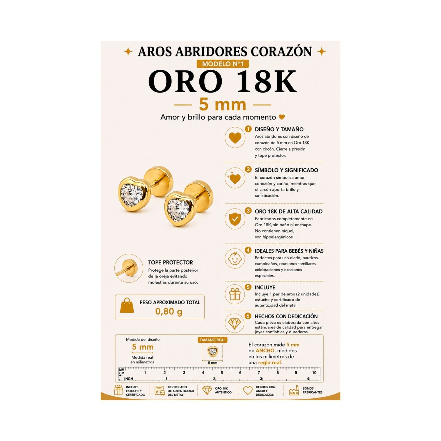 Aros Abridores Coraz&oacute;n 5mm Oro 18k Circ&oacute;n Beb&eacute; Ni&ntilde;a image number 10.0