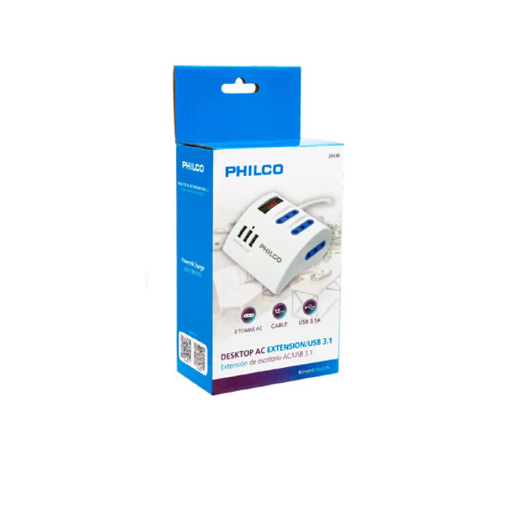Alargador Zapatilla Con Switch 3 Usb Philco 1,5m Blanco image number 1.0