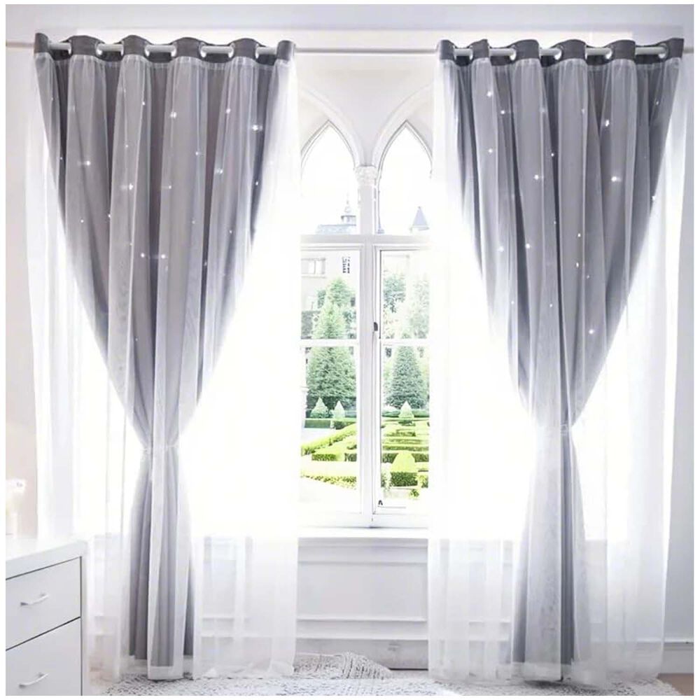 Cortinas Blackout Con Agujero Estrella Y Visillo Integrado - Gris image number 1.0