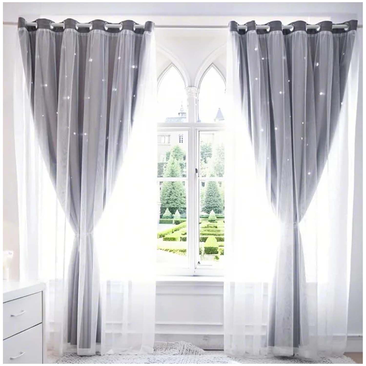 Cortinas Blackout Con Agujero Estrella Y Visillo Integrado - Gris image number 1.0