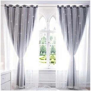Cortinas Blackout Con Agujero Estrella Y Visillo Integrado - Gris