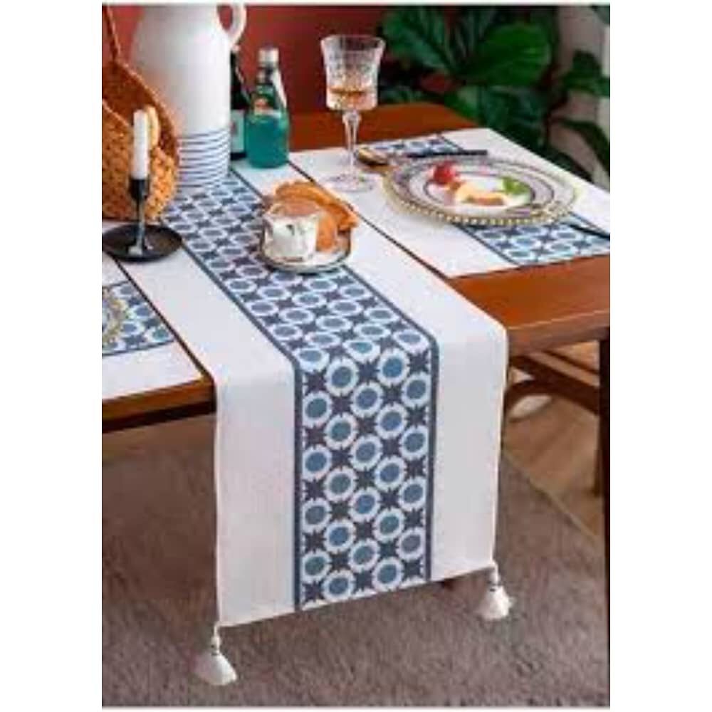 Camino De Mesa Tejido Azul - Dise&ntilde;o Estrella image number 0.0