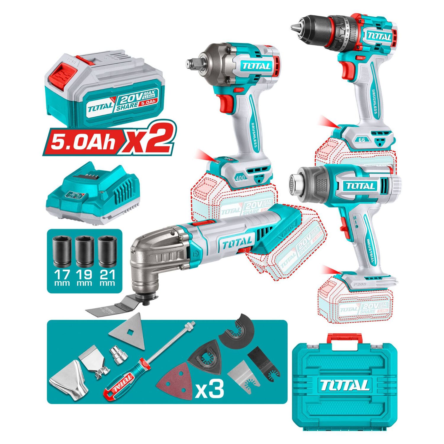 Kit Taladro, Llave De Impacto, Pistola De Calor Y Multiherramienta Total image number 0.0