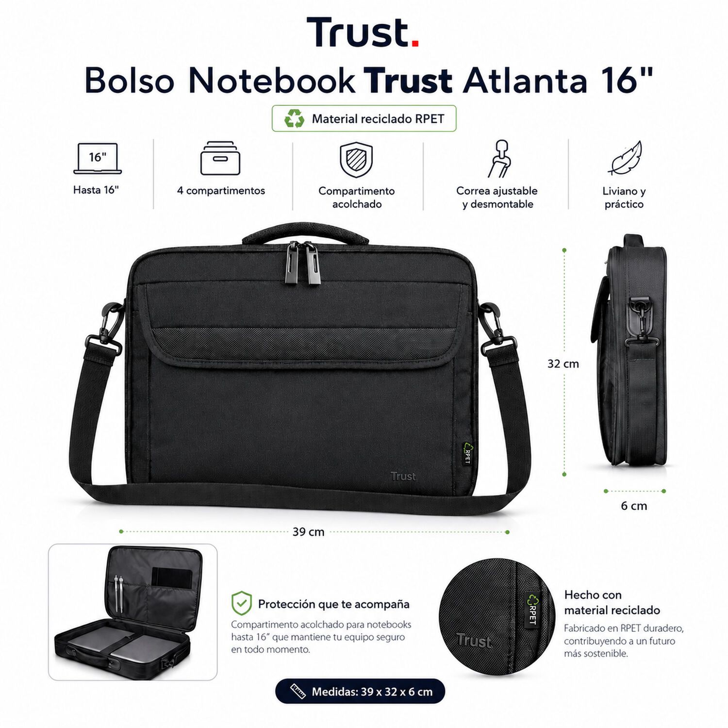 Bolso Notebook Trust Atlanta 16" Con Correa Reinforced Black image number 6.0