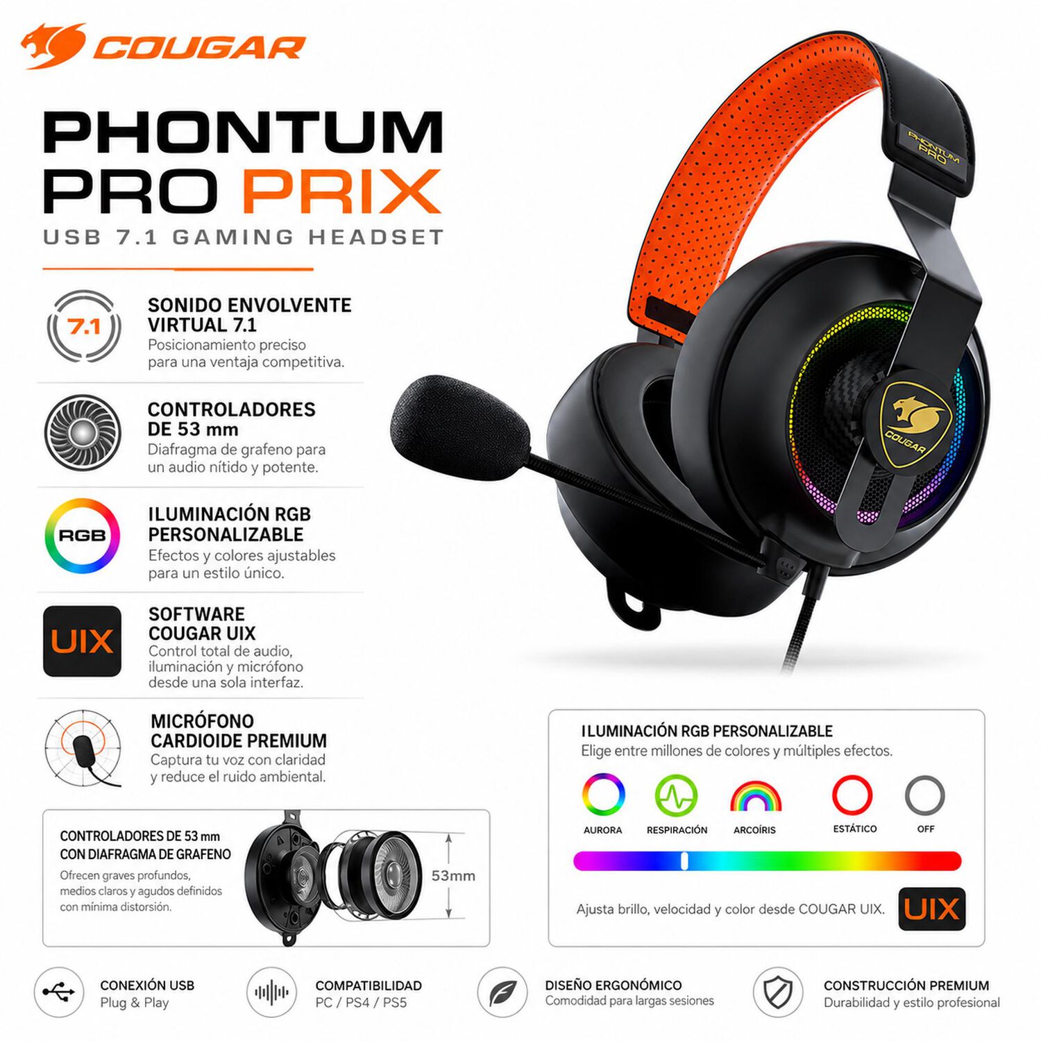 Audifonos Cougar Phontum Pro Prix Usb 7.1 Multiplataformas image number 6.0
