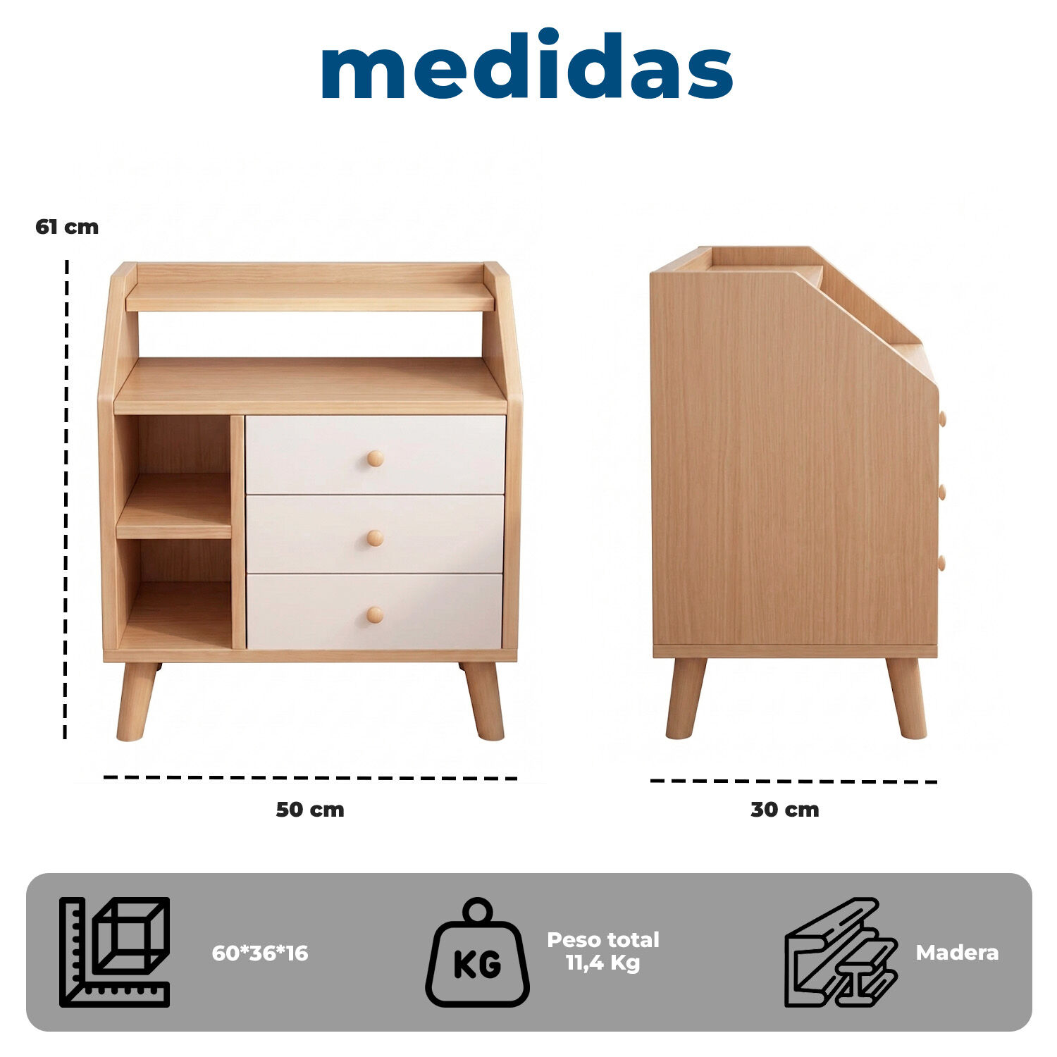 Velador De Madera Con 3 Cajones Y Repisas 61x50x30 Cm image number 6.0