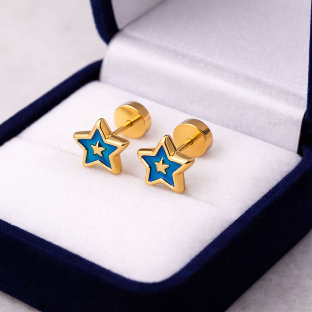 Aros Estrella Laqueada Azul 5mm Oro 14k Abridores A Presi&oacute;n Beb&eacute; Ni&ntilde;a Hipoalerg&eacute;nicos image number 3.0