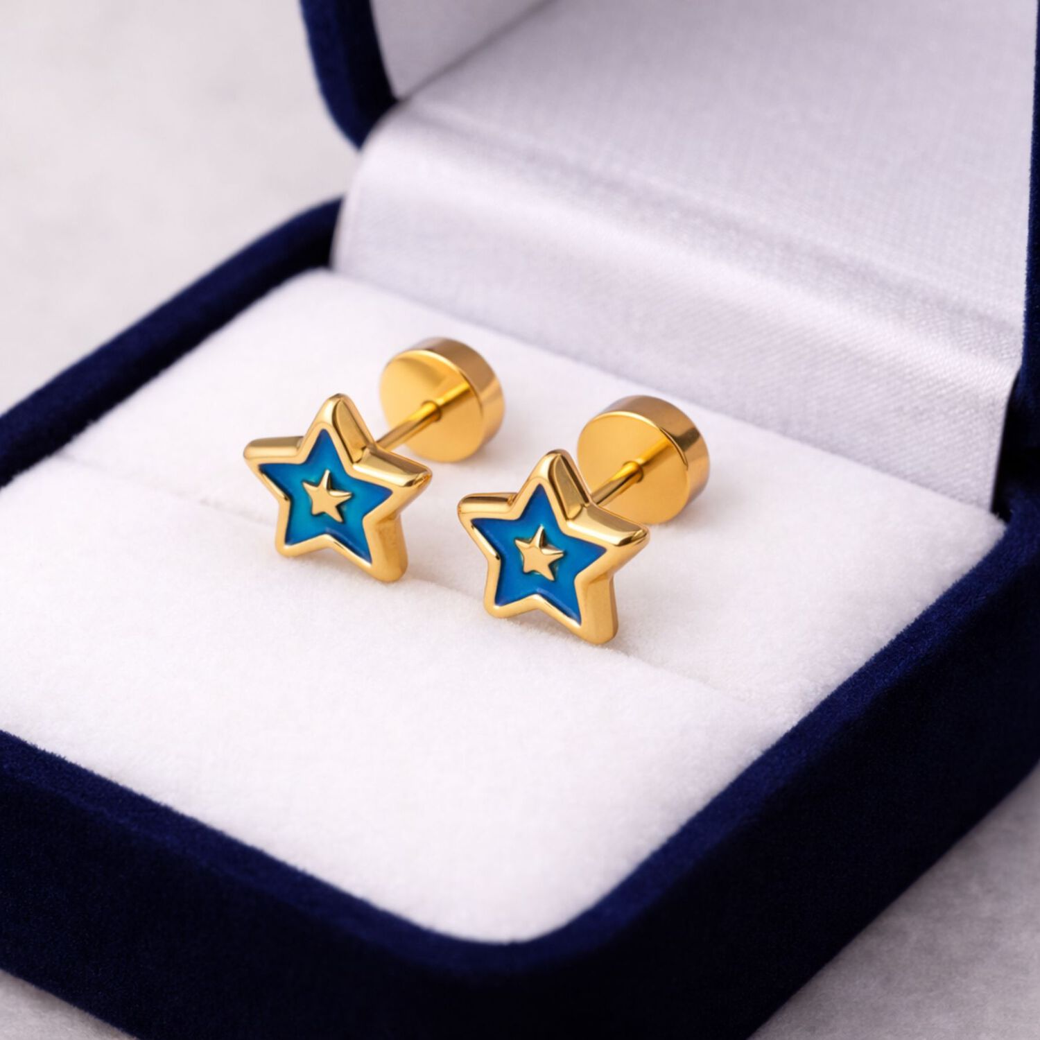 Aros Estrella Laqueada Azul 5mm Oro 14k Abridores A Presi&oacute;n Beb&eacute; Ni&ntilde;a Hipoalerg&eacute;nicos image number 3.0