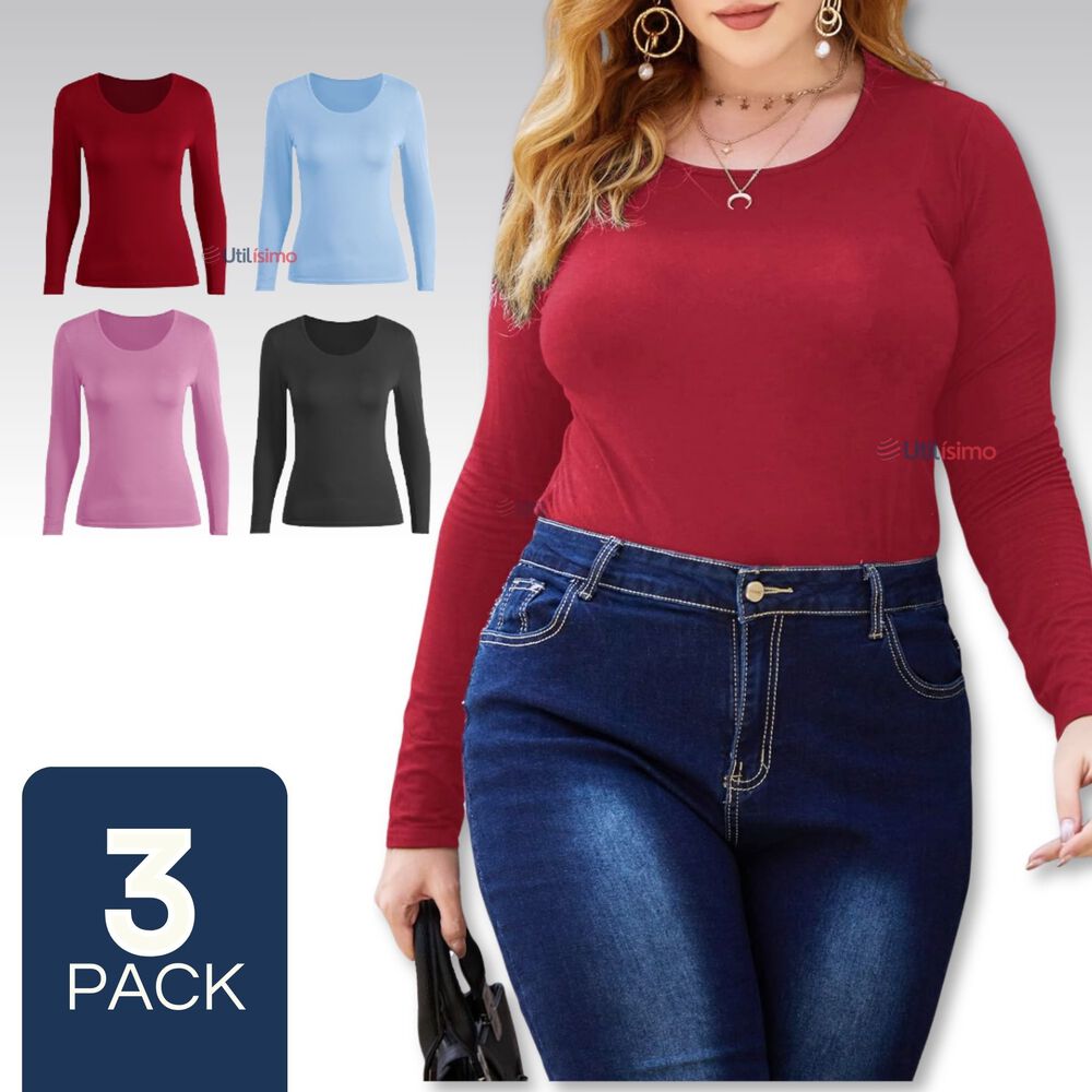 Pack 3 Camisetas Mujer Manga Larga Cuello Redondo Primera Capa Colores Surtidos image number 0.0