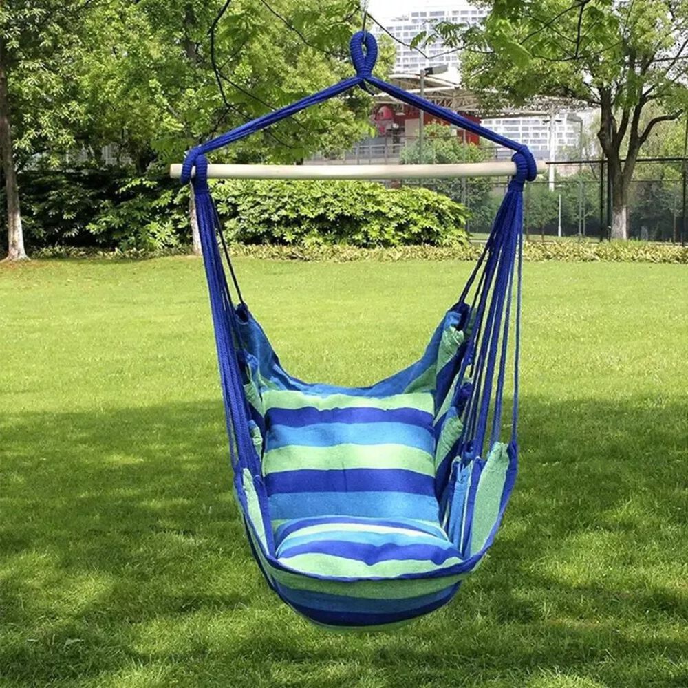 Silla Hamaca Colgante Columpio Con Dos Almohadas Para Jardin Azul Verde image number 6.0