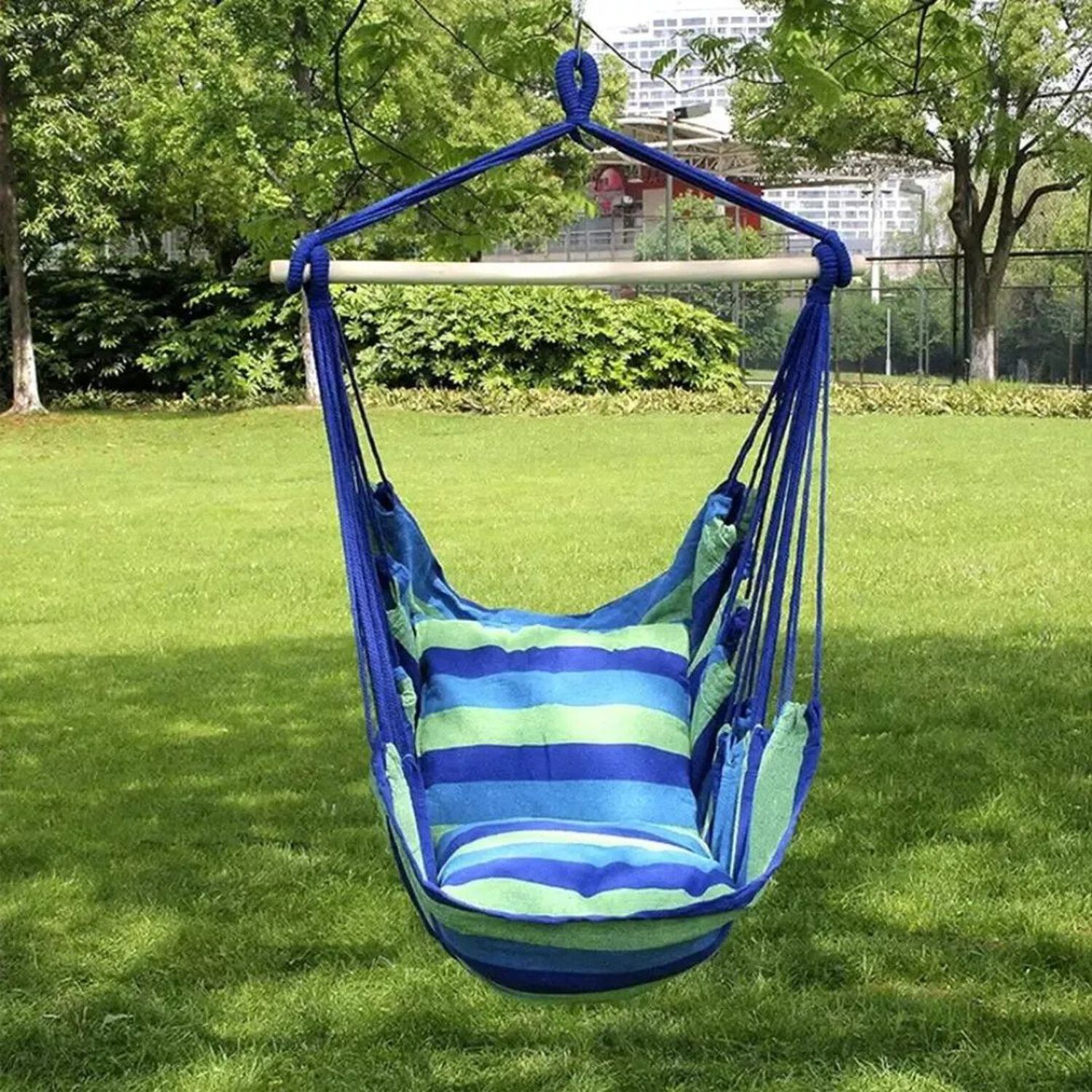 Silla Hamaca Colgante Columpio Con Dos Almohadas Para Jardin Azul Verde image number 6.0