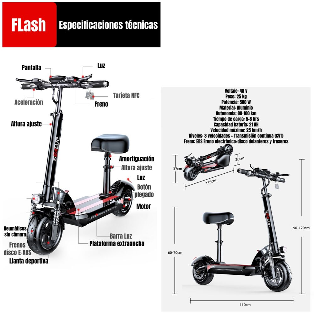 Scooter Adulto Eléctrico Flash 48v 500w 80km Aluminio Negro image number 6.0