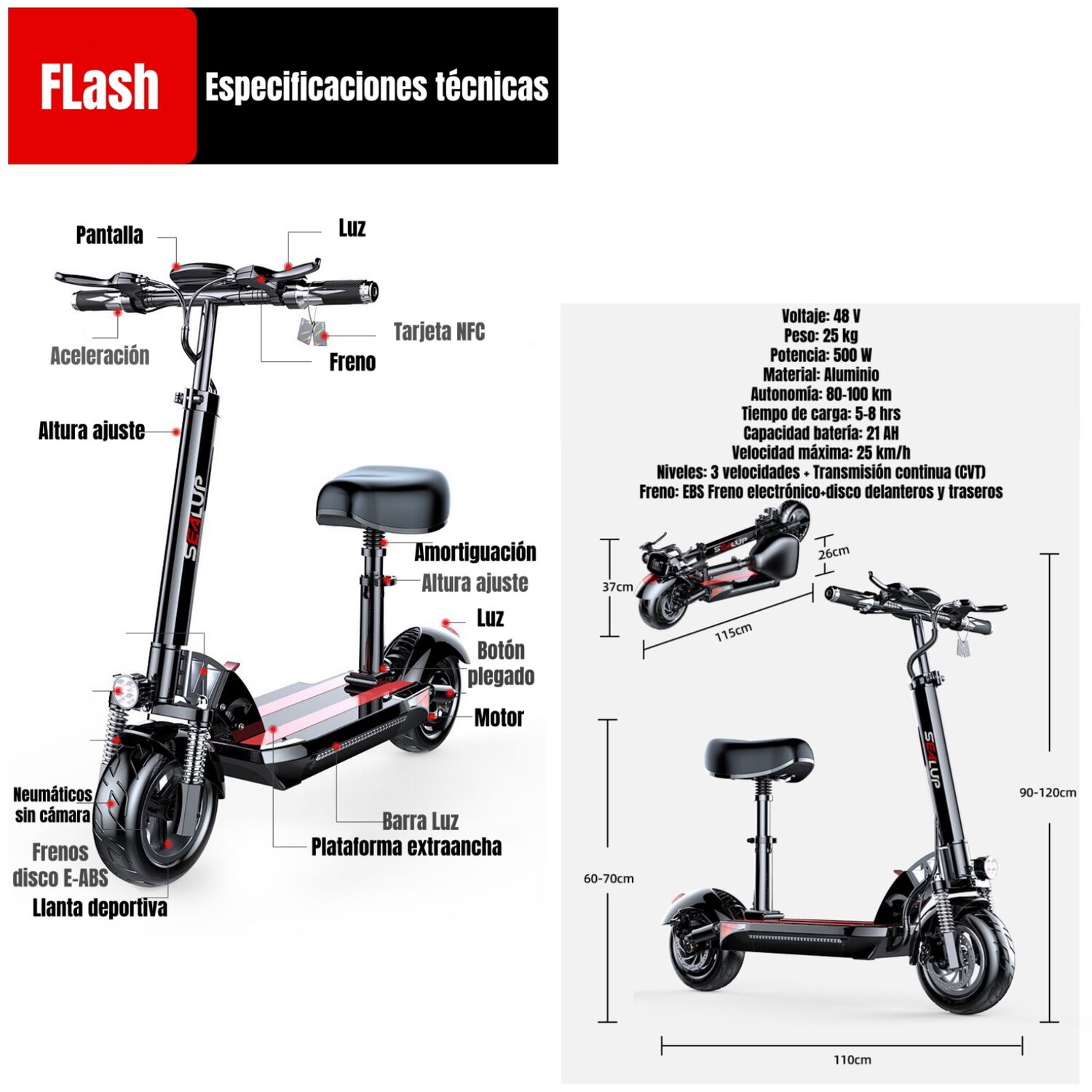 Scooter Adulto El&eacute;ctrico Flash 48v 500w 80km Aluminio Negro image number 6.0