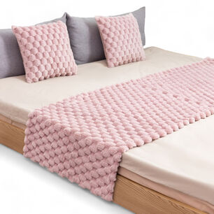 Piecera Peludita Pompones 2 Plazas O King Medida 70cm X 190cm Mas 2 Fundas 45cm X 45cm Color Rosado