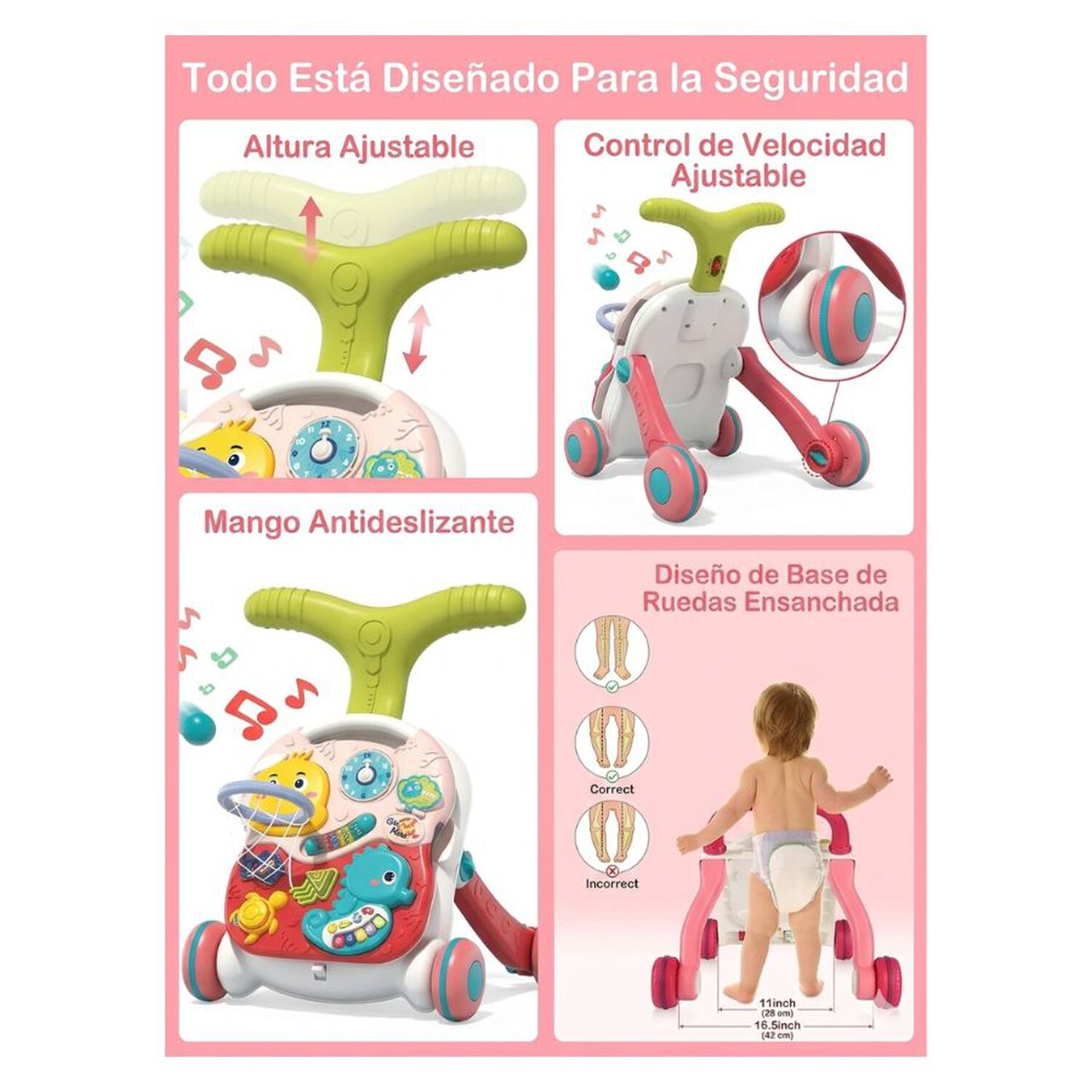 Caminador Andador Didactico Bebe Musical 3 En 1 Mesa Actividades Rosa image number 3.0
