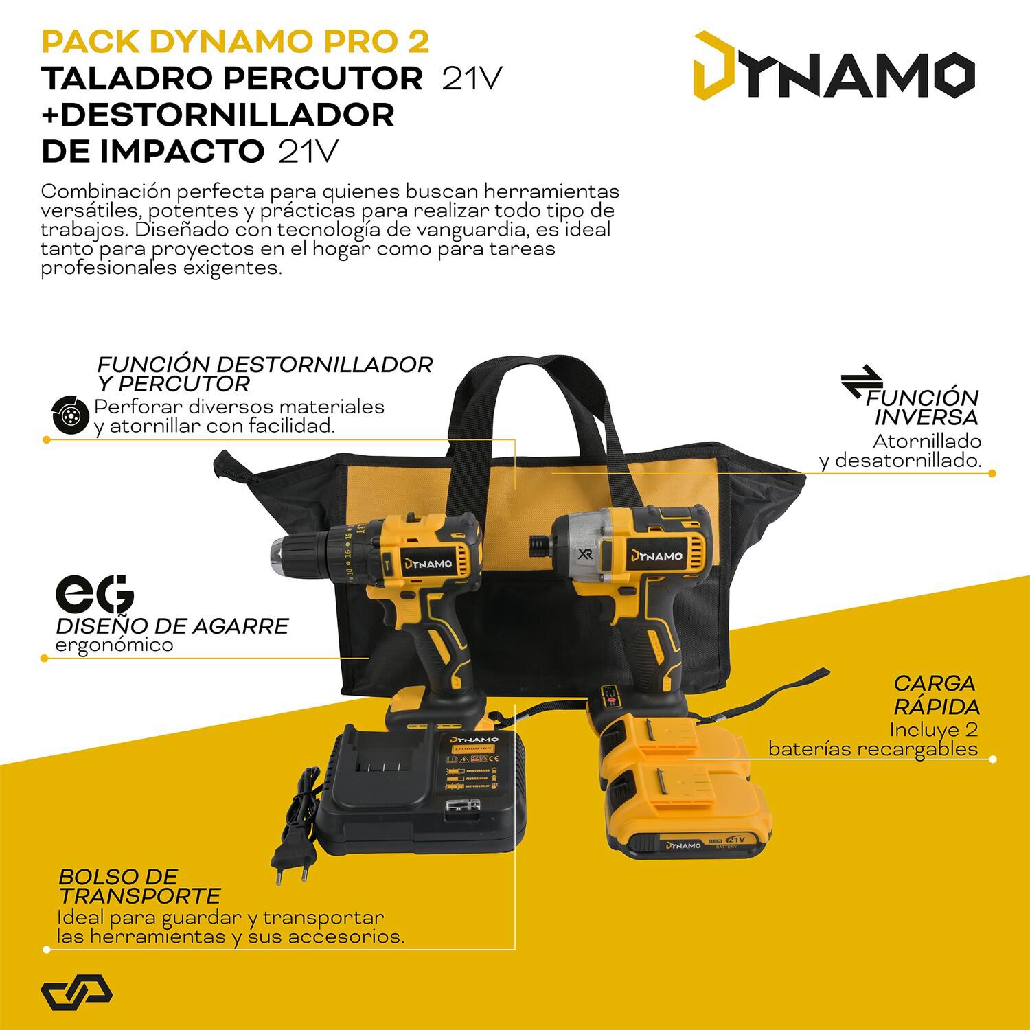 Pack Taladro Percutor + Atornillador De Impacto 21v Dynamo image number 1.0
