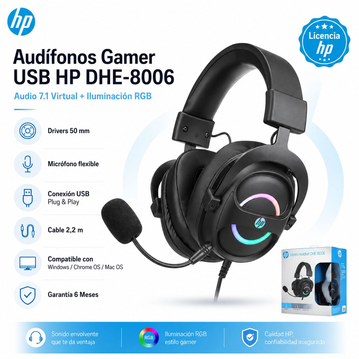 Aud&iacute;fonos Gamer Usb Hp Dhe-8006 Audio 7.1 + Iluminaci&oacute;n Rgb image number 6.0
