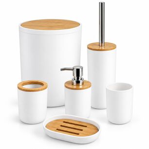 Set De Ba&ntilde;o Completo 6 Piezas De Abs Y Bambu Con Basurero Dispensador Y Escobilla Color Blanco