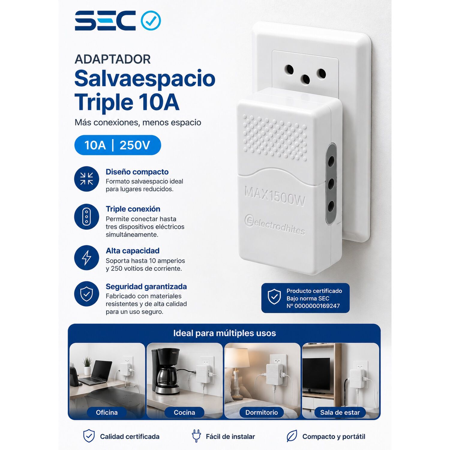 Adaptador Triple Salvaespacio 10a Blanco Halux. image number 5.0