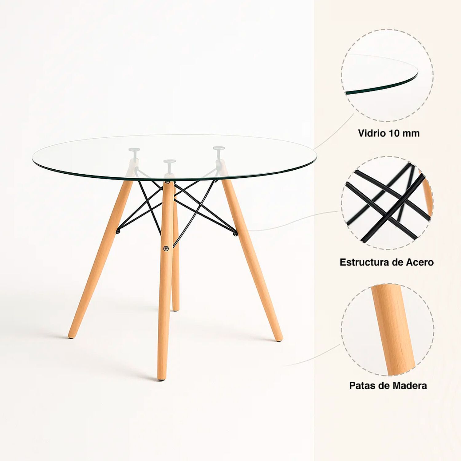 Comedor Mesa Eames Redonda Vidrio 100cm + 4 Sillas Eames Patchwork Tela Wood Celeste image number 5.0