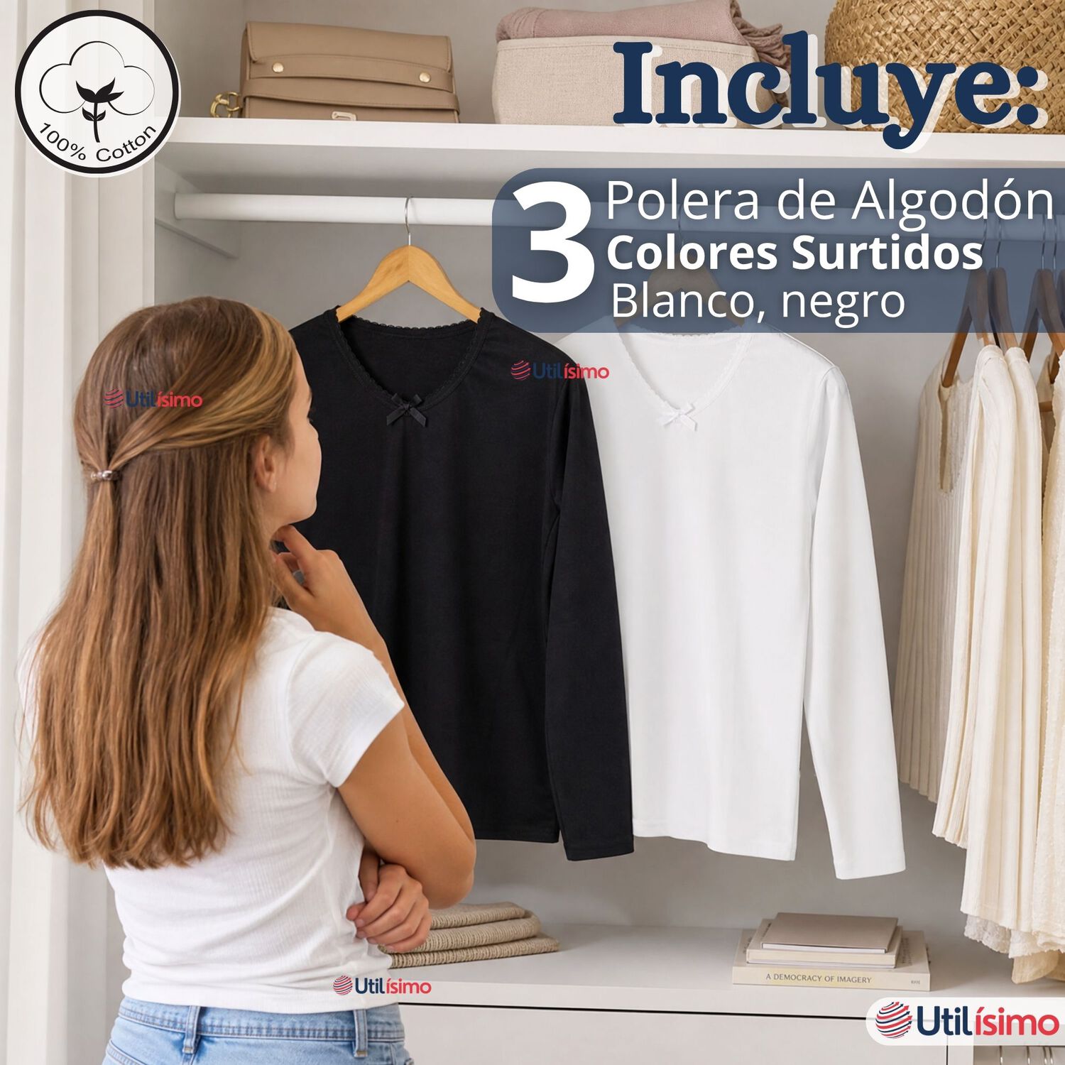 Pack 3 Camisetas Poleras Algod&oacute;n B&aacute;sica Cuello Redondo Primera Capa Manga Larga Colores Surtidos Negro Blanco Ni&ntilde;a image number 1.0